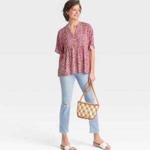 Knox Rose Rebel Red Floral Pintuck Peasant Blouse Size L Boho Top NWT